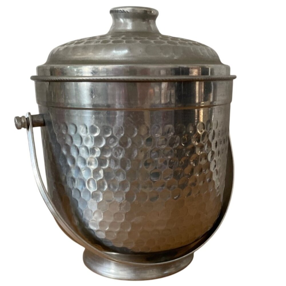 Vintage MCM Ice Bucket Nasco Italy Hammered Aluminum w Lid & Handle Retro Decor